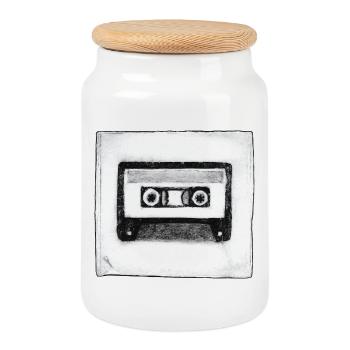 Cassette - hand carved artwork - Cookie Jar with Wooden Lid - white - Front