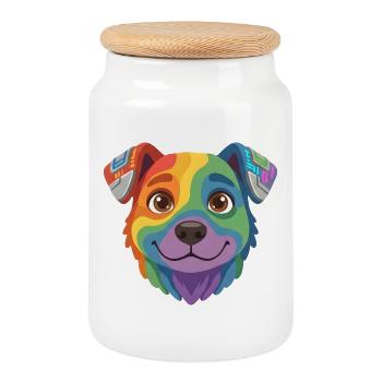 Cute Rainbow Cyber Dog Cartoon Face - Cookie Jar with Wooden Lid - white - Front