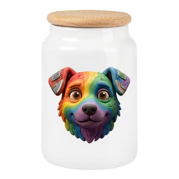 Cute 3D Clay Rainbow Cyborg Dog Face - Cookie Jar with Wooden Lid - white - Front