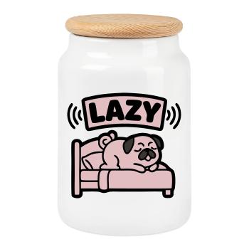 Lazy Pug Dog Bed Introvert - Cookie Jar with Wooden Lid - white - Front