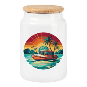 Retro Boot Sonnenuntergang Tropen - Keksdose mit Holzdeckel - Weiß - Vorne