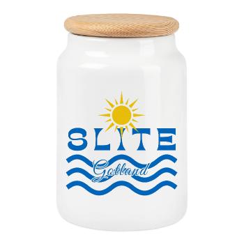 Slite Gotland-Soleil et Vagues - Boîte à biscuits avec couvercle en bois - blanc - Devant