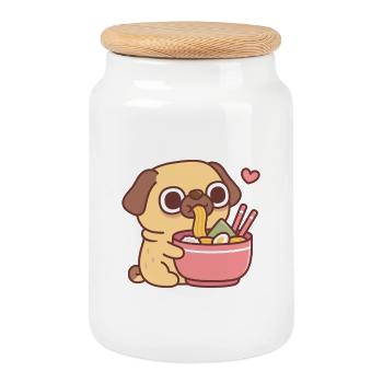 Cute Pug Loves Japanese Ramen Noodles - Cookie Jar with Wooden Lid - white - Front