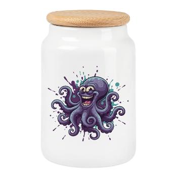 Fröhlicher Tinten-Oktopus Graffiti - Keksdose mit Holzdeckel - Weiß - Vorne