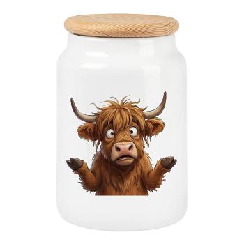Cartoonfreundliche Highland-Kuh - Keksdose mit Holzdeckel - Weiß - Vorne