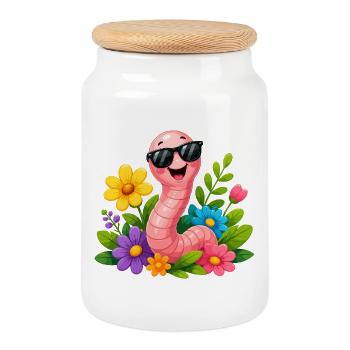 Ver joyeux avec des lunettes de soleil dans un jardin de fleurs - Boîte à biscuits avec couvercle en bois - blanc - Devant