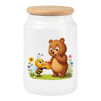 Amis du miel : l’ours et l’abeille - Boîte à biscuits avec couvercle en bois - blanc - Devant