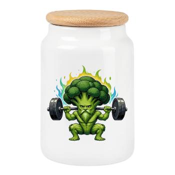 Power broccoli: Bold vegetable body - Cookie Jar with Wooden Lid - white - Front