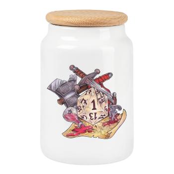 Role Playing Game Tabletop D20 Dice Gift Fail - Cookie Jar with Wooden Lid - white - Front