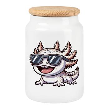Dessin animé drôle d’Axolotl avec des lunettes de soleil - Boîte à biscuits avec couvercle en bois - blanc - Devant