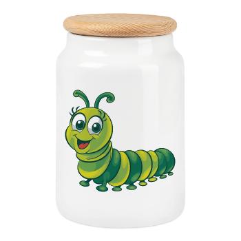 Cheerful Green Caterpillar Cartoon Illustration - Cookie Jar with Wooden Lid - white - Front