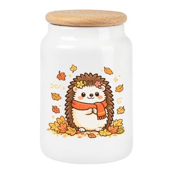Hérisson automnal avec écharpe - Boîte à biscuits avec couvercle en bois - blanc - Devant