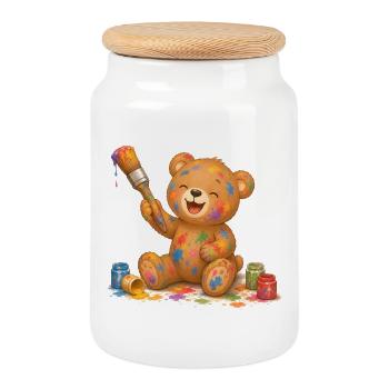 Bear with Brush Paints Painting Artist Animal Motif - Cookie Jar with Wooden Lid - white - Front