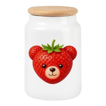 Visage d’ours mignon, motif d’animal aux fruits fraises Kawaii - Boîte à biscuits avec couvercle en bois - blanc - Devant