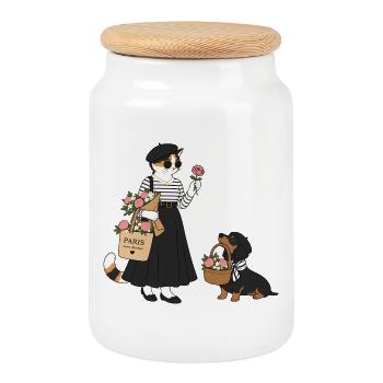 Parisflair Katze & Dackel – Mon Amour - Keksdose mit Holzdeckel - Weiß - Vorne