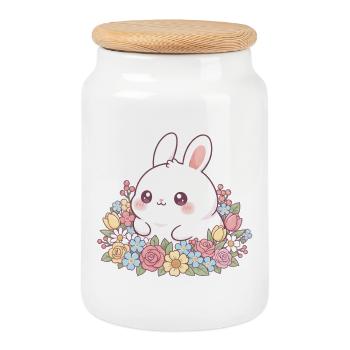 Rabbit with flowers - Cookie Jar with Wooden Lid - white - Front