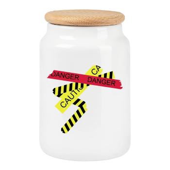 Attention, risque - Boîte à biscuits avec couvercle en bois - blanc - Devant