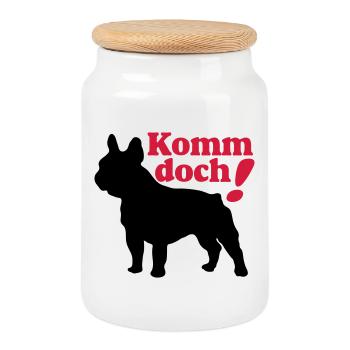 Französische Bulldogge , French Bulldog ,Komm.(25) - Keksdose mit Holzdeckel - Weiß - Vorne