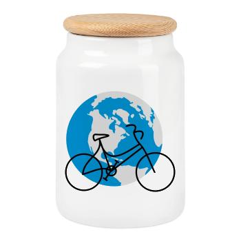 Earth with bicycle - Cookie Jar with Wooden Lid - white - Front