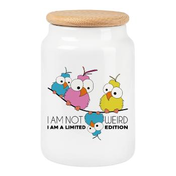 Not Weird. I am a limited Edition. Birds on a Wire - Cookie Jar with Wooden Lid - white - Front