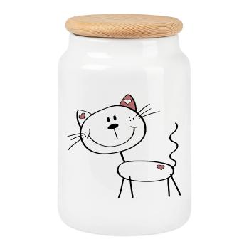 Little cat with little hearts - stick figure cartoon - Cookie Jar with Wooden Lid - white - Front