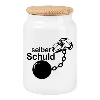 Junggesellenabschied , JGA - Selber Schuld(25) - Keksdose mit Holzdeckel - Weiß - Vorne