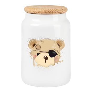 Nounours avec cache-œil - Boîte à biscuits avec couvercle en bois - blanc - Devant