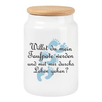 Taufpate Pate Gedi Farbe frei wählbar Geschenk - Keksdose mit Holzdeckel - Weiß - Vorne