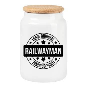 Railway Railwayman Cheminot Train Eisenbahn - Cookie Jar with Wooden Lid - white - Front
