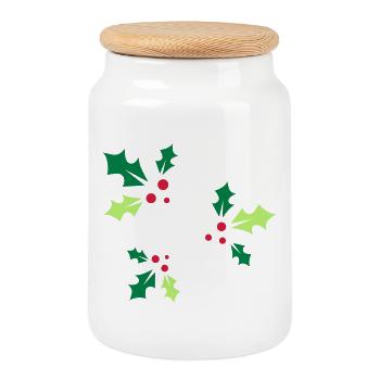 three holly branches with three red berries - Cookie Jar with Wooden Lid - white - Front