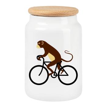 Affe fährt Fahrrad - Keksdose mit Holzdeckel - Weiß - Vorne