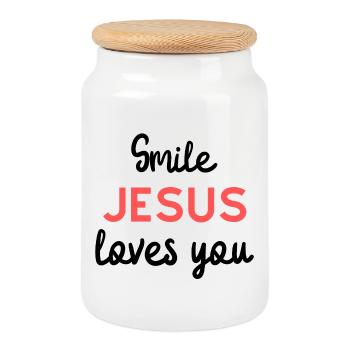 Jesus loves, gift, Jesus, faith, God - Cookie Jar with Wooden Lid - white - Front