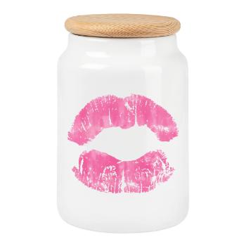 Pink Lip Kiss Print Art - Boîte à biscuits avec couvercle en bois - blanc - Devant
