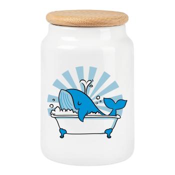 Whale in the Bathtub – Funny Ocean Design - Cookie Jar with Wooden Lid - white - Front
