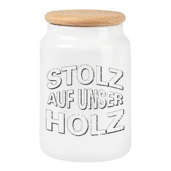 STOLZ AUF UNSER HOLZ mit transparenter Maserung - Keksdose mit Holzdeckel - Weiß - Vorne