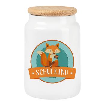 Schulkind - schlauer Fuchs - Schulbeginn - Keksdose mit Holzdeckel - Weiß - Vorne