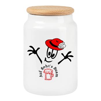 Auf geht's Buam, Comic - Keksdose mit Holzdeckel - Weiß - Vorne