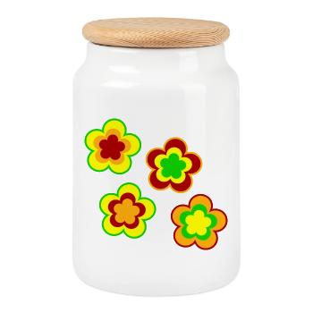 des années 70 motif de fleur - Boîte à biscuits avec couvercle en bois - blanc - Devant