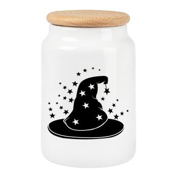 Chapeau de sorcier magique avec des étoiles - Boîte à biscuits avec couvercle en bois - blanc - Devant