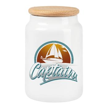 Captain Motorboat Sailing Sailor Boat Ship - Cookie Jar with Wooden Lid - white - Front