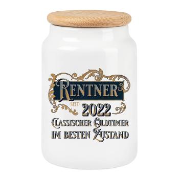 Rentner 2022 Oldtimer - Keksdose mit Holzdeckel - Weiß - Vorne