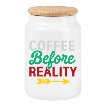 Kaffee vor der Realität - Keksdose mit Holzdeckel - Weiß - Vorne