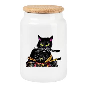 Samurai-Katze mit Goldrüstung - Keksdose mit Holzdeckel - Weiß - Vorne