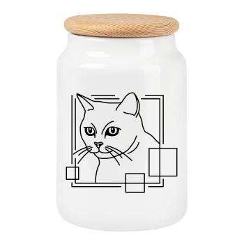 Chat en forme géométrique - Conception d’art au trait - Boîte à biscuits avec couvercle en bois - blanc - Devant