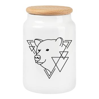 Bear in Geometric Shape - Line Art Design - Cookie Jar with Wooden Lid - white - Front