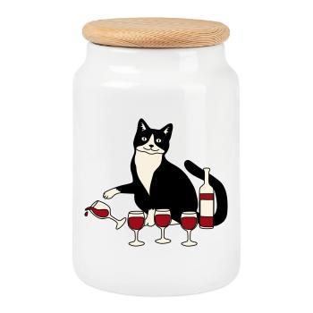 Cat wine glass - Cookie Jar with Wooden Lid - white - Front