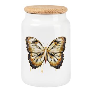 Papillon brillant doré dessiné à la main - Boîte à biscuits avec couvercle en bois - blanc - Devant