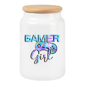 Gamer Girl Controller Controller - Cookie Jar with Wooden Lid - white - Front