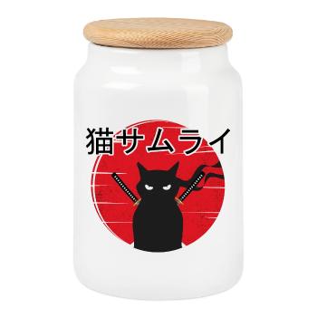 Samurai Kitten Ninja Cat Japanese Vintage Sunset - Cookie Jar with Wooden Lid - white - Front