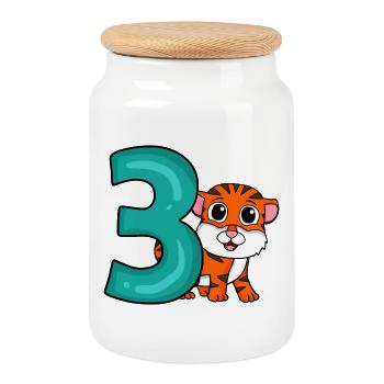 3 birthday 3 years old with animal motif - three - Cookie Jar with Wooden Lid - white - Front